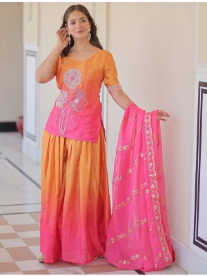 Pink And Orange Chinon Ready To Wear Palazzo Suit FABSL22257