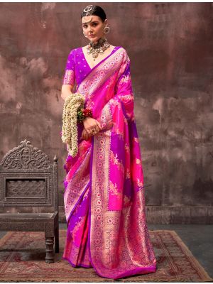 Pink And Purple Rangkat Art Silk Saree With Zari Weaving