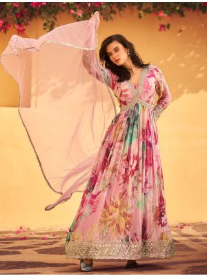 Pink Chinon Ready To Wear Anarkali Suit In XL small FABSL22190