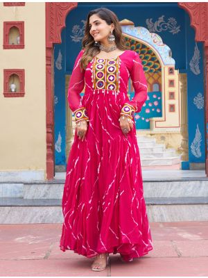 pink georgette gown with leheriya print and kutchi patch work fabgo20389