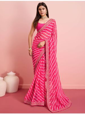 Pink Georgette Party Wear Saree With Leheriya Print
