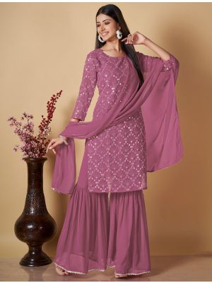 Pink Georgette Readymade Sharara Suit With Mirror Work FABSL21739