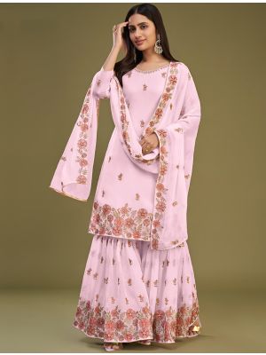 Pink Georgette Semi Stitched Embroidered Sharara Suit small FABSL21682