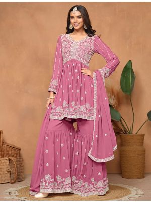 Pink Georgette Semi Stitched Embroidered Sharara Suit small FABSL21879