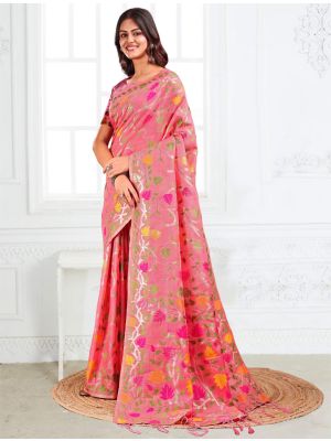 Pink Linen Cotton Jacquard Woven Saree