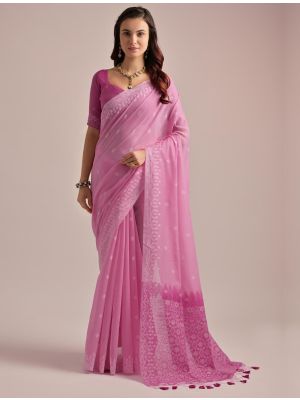 Pink Muga Cotton Saree With Jamdani Weaving