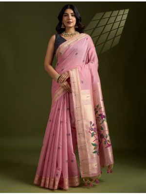 Pink Muga Cotton Saree With Paithani Weaving thumbnail FABSA22743