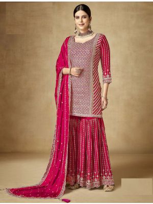 Pinkish Red Chinon Semi Stitched Sharara Suit FABSL21767
