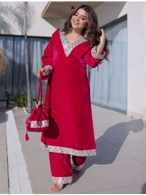 pinkish red velvet kurta pant set with potli bag fabku21179