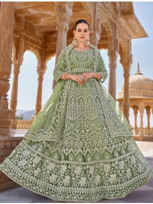 Pista Green Butterfly Net Semi Stitched Designer Anarkali Suit small FABSL21765