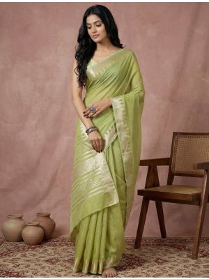 Pista Green Cotton Solid Saree With Golden Border