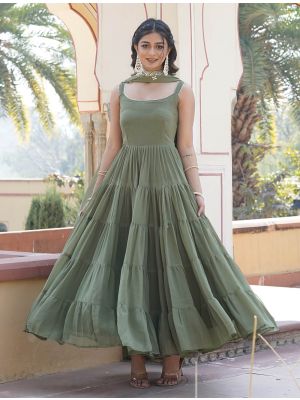 pista green georgette anarkali gown with sequined dupatta fabgo20287