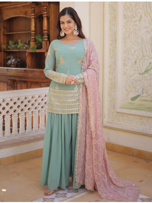 Pista Green Georgette Embroidered Readymade Palazzo Suit FABSL21748