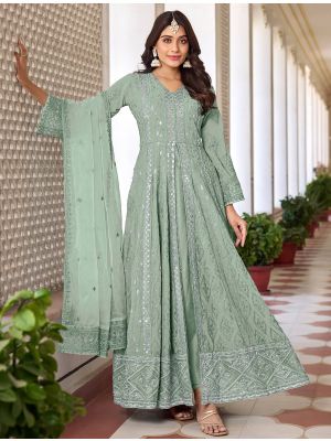 Pista Green Georgette Semi Stitched Front Slit Anarkali Suit small FABSL21695