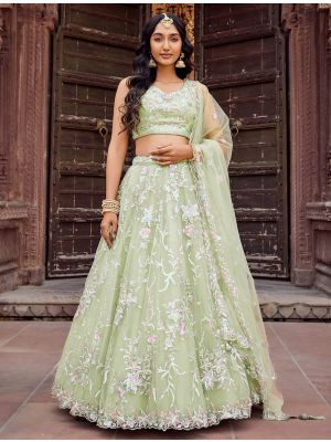 Pista Green Net Embroidered Lehenga Choli small FABLE20528