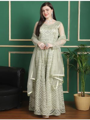 Pista Green Net Floor Length Suit With Cording Work small FABSL21797