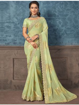 Pista Green Premium Georgette Saree With Woven Jacquard