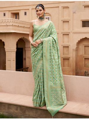 Pista Green Viscose Silk Saree With Brocade Weaving