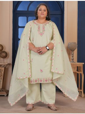 Pistachio Green Cotton Embroidered Plus Size Salwar Kameez FABSL22474