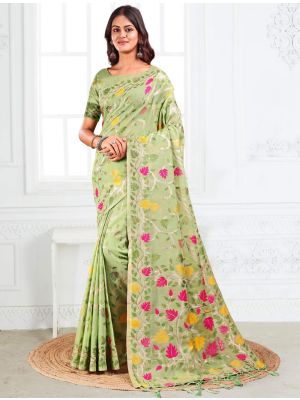 Pistachio Green Linen Cotton Jacquard Woven Saree