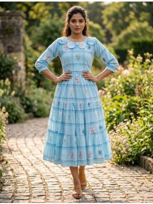 powder blue muslin fit and flare midi dress fabku21241