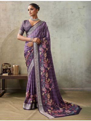 Purple Crepe Viscose Digital Printed Saree
