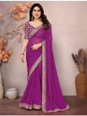 Purple Georgette Printed Saree With Embroidery