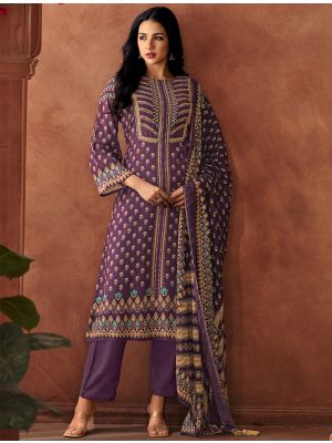 Purple Muslin Printed Salwar Kameez With Handwork small FABSL22156