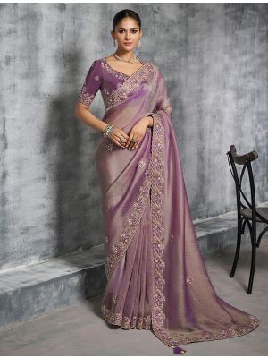 Purple Tissue Silk Embroidered Designer Saree