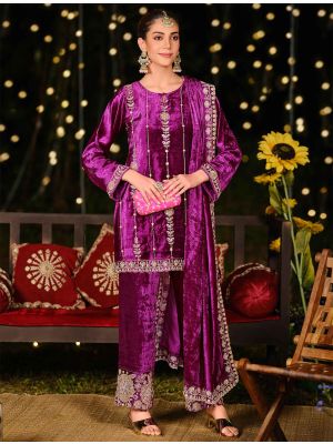 Purple Velvet Designer Salwar Kameez With Zardosi Work small FABSL22327