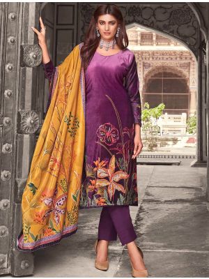 Purple Velvet Printed Salwar Kameez With Contrast Dupatta small FABSL21707