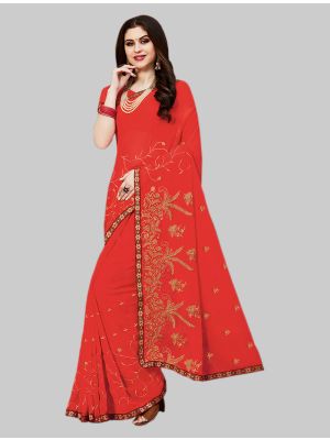 Bright Orange Georgette Designer Saree small FABSA20074