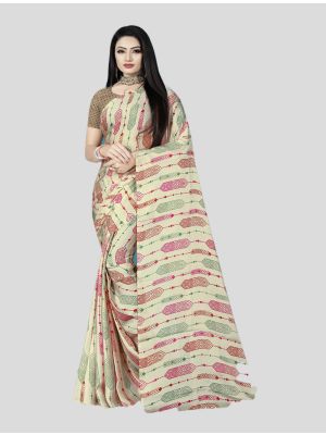 Cream Satin Silk Designer Saree small FABSA20023