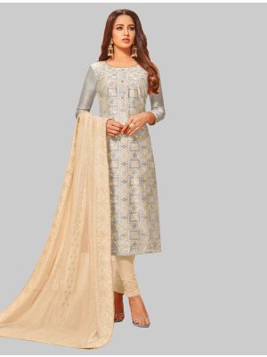 Light Grey Jacquard Silk Straight Suit with Dupatta small FABSL20047