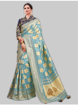Sky Blue and Cream Weaved Silk Designer Saree small FABSA20049