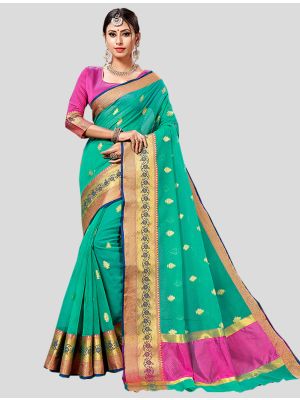 Sea Green Cotton  Silk Designer Saree small FABSA20291