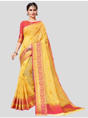 Yellow Cotton  Silk Designer Saree small FABSA20286