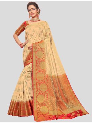 Cream Nylon Crepe Silk Designer Saree small FABSA20390