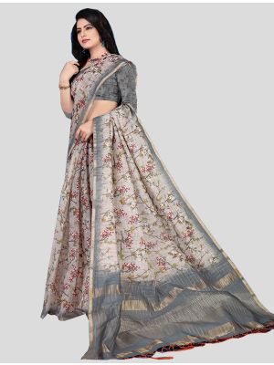 Grey Cotton Silk Designer Saree small FABSA20392