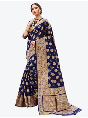 Navy Blue Cotton Handloom Designer Saree small FABSA20328