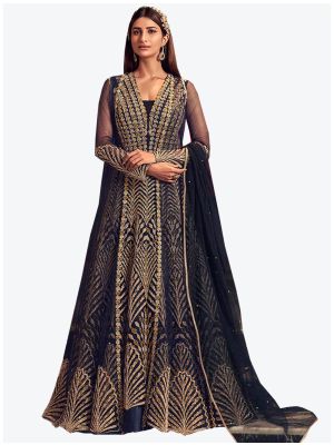 Navy Blue Net Floor Length Suit with Dupatta small FABSL20107