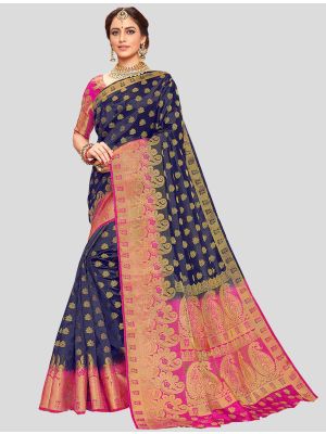 Navy Blue Nylon Crepe Silk Designer Saree small FABSA20385