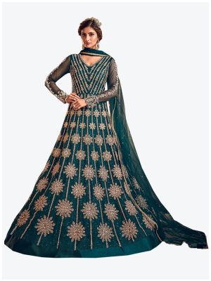 Teal Blue Net Floor Length Suit with Dupatta small FABSL20105