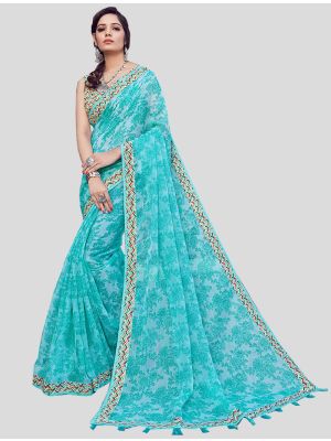 Turquoise Blue Cotton Silk Designer Saree small FABSA20359