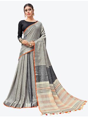 Black and White Linen Designer Saree small FABSA20499