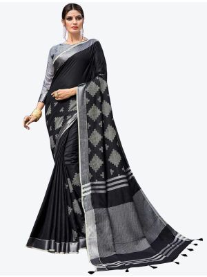 Black Linen Designer Saree small FABSA20498