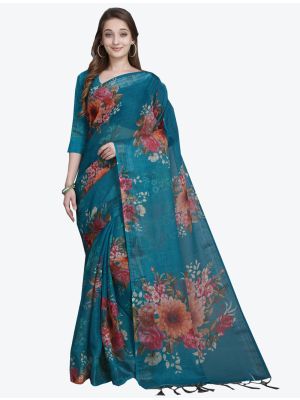 Blue Linen Slub Designer Saree small FABSA20484