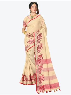 Cream Linen Cotton Designer Saree small FABSA20481