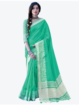 Green Linen Cotton Designer Saree small FABSA20455