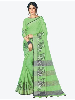Green Linen Cotton Designer Saree small FABSA20483